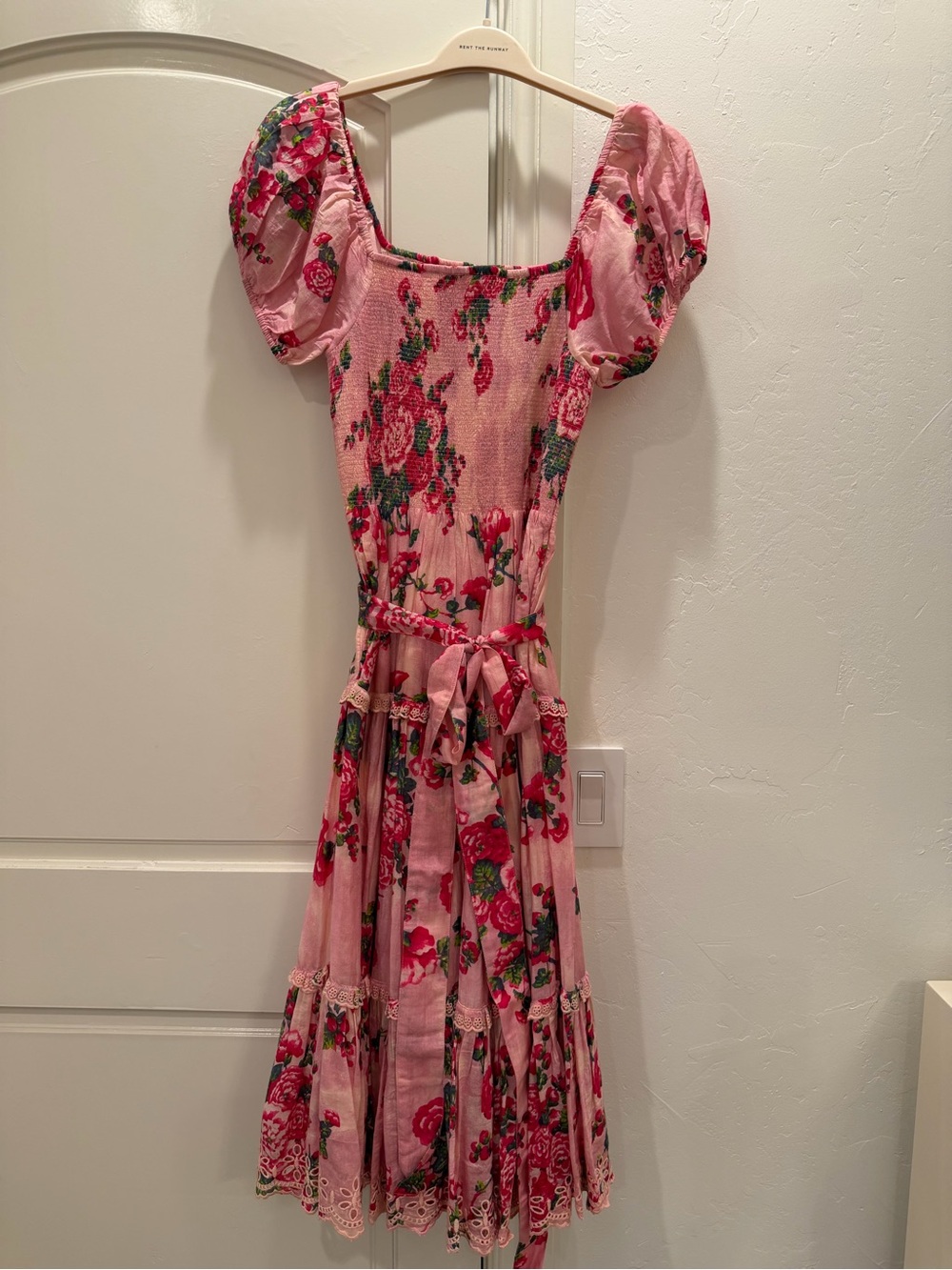 LoveShackFancy Pink Floral Puff-Sleeve Midi Dress with Self-Tie Waist